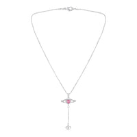 Mahi Winged Heart Pink Crystal Lariat Pendant Necklace with Dangle Heart Charm | Silver Finish (PS1101975RPin)