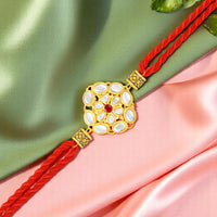 Mahi Traditional Kundan Rakhi for Brother | Red Thread Rakhi with Floral Gold Centerpiece (RA1100826G)