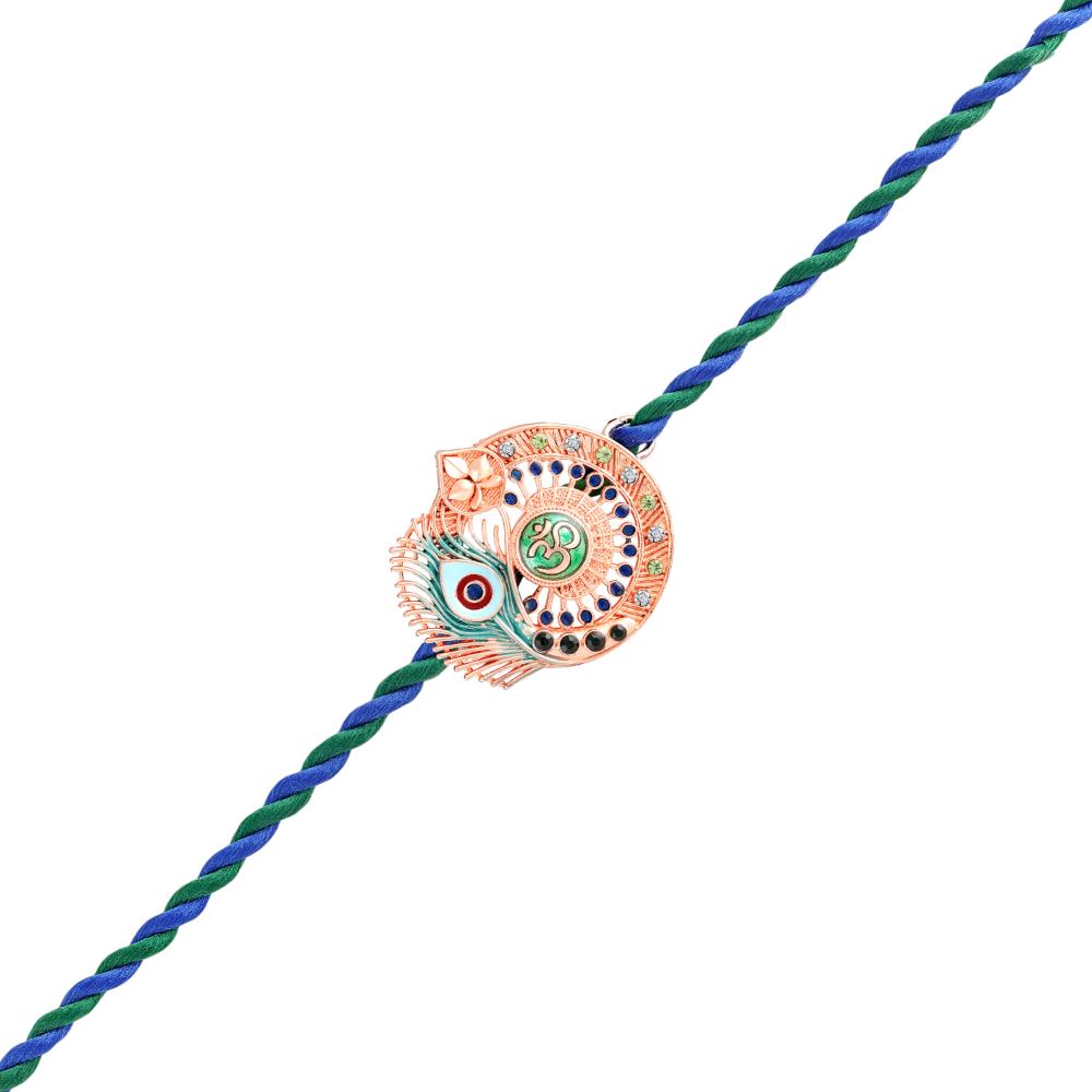 Mahi Om & Peacock-Feather-Theme Rakhi for Brother with Multicolor Crystals & Meenakari Work (RA1100829ZMul)