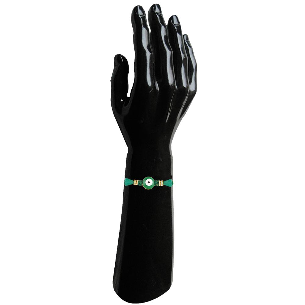 Mahi Green Evil Eye Rakhi for Brother | Nazariya Bead with Gold Accents & Cone Beads on Green Thread (RA1100837G)