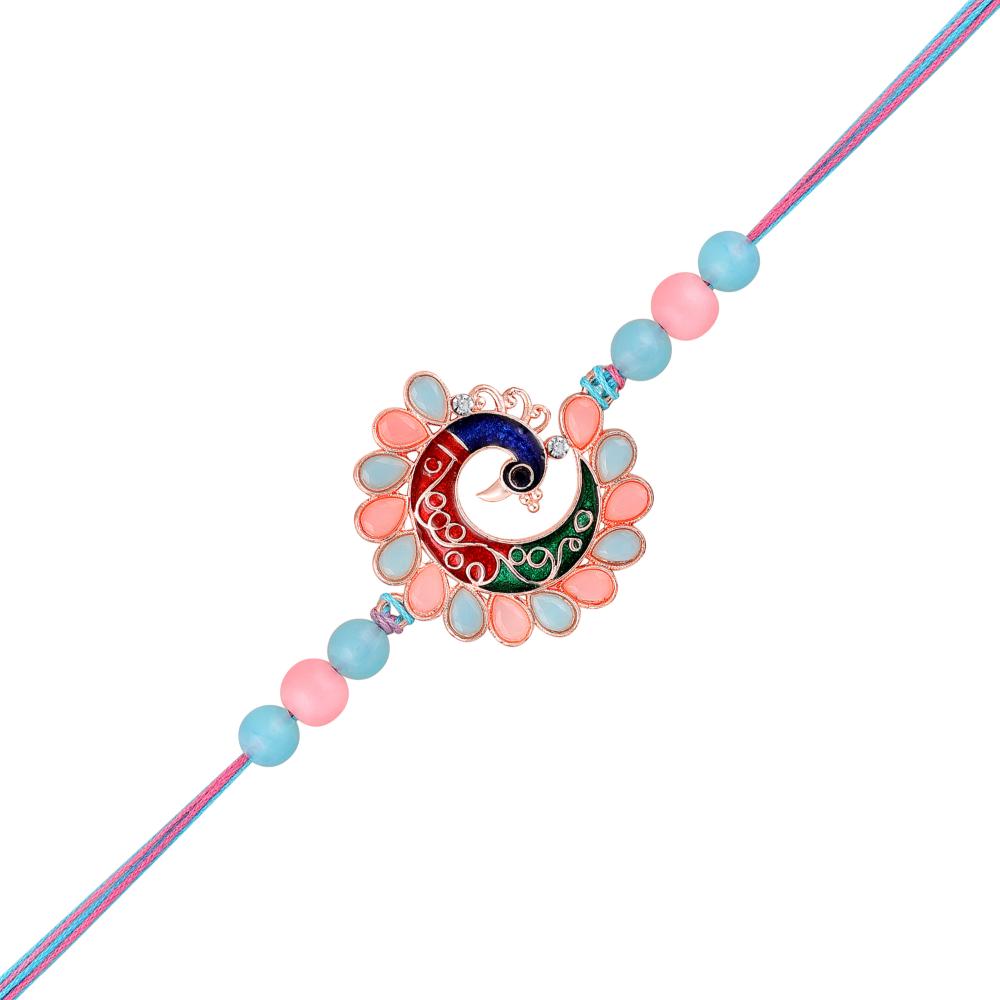 Mahi Colorful Peacock-Shaped Rakhi for Brother | Multicolor Meenakari Enamel Design with Beads on Rainbow Thread (RA1100842G)
