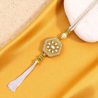 Mahi Royal White & Gold Artificial Pearl Accents & Tassel Lumba Rakhi for Bhabhi (RAL1100835GWhi)