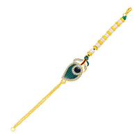 Mahi Peacock-Feather-Shaped Lumba Rakhi for Bhabhi | Artificial Pearl Beaded Bracelet with Stone-Studded & Enamel (RAL1100851G)