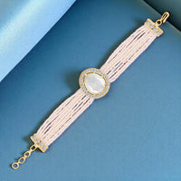 Mahi Elegant White Artificial Pearl Lumba Rakhi for Bhabhi | Multi-Strand Bracelet with Crystal Centerpiece & Gold Finish (RAL1100854G)