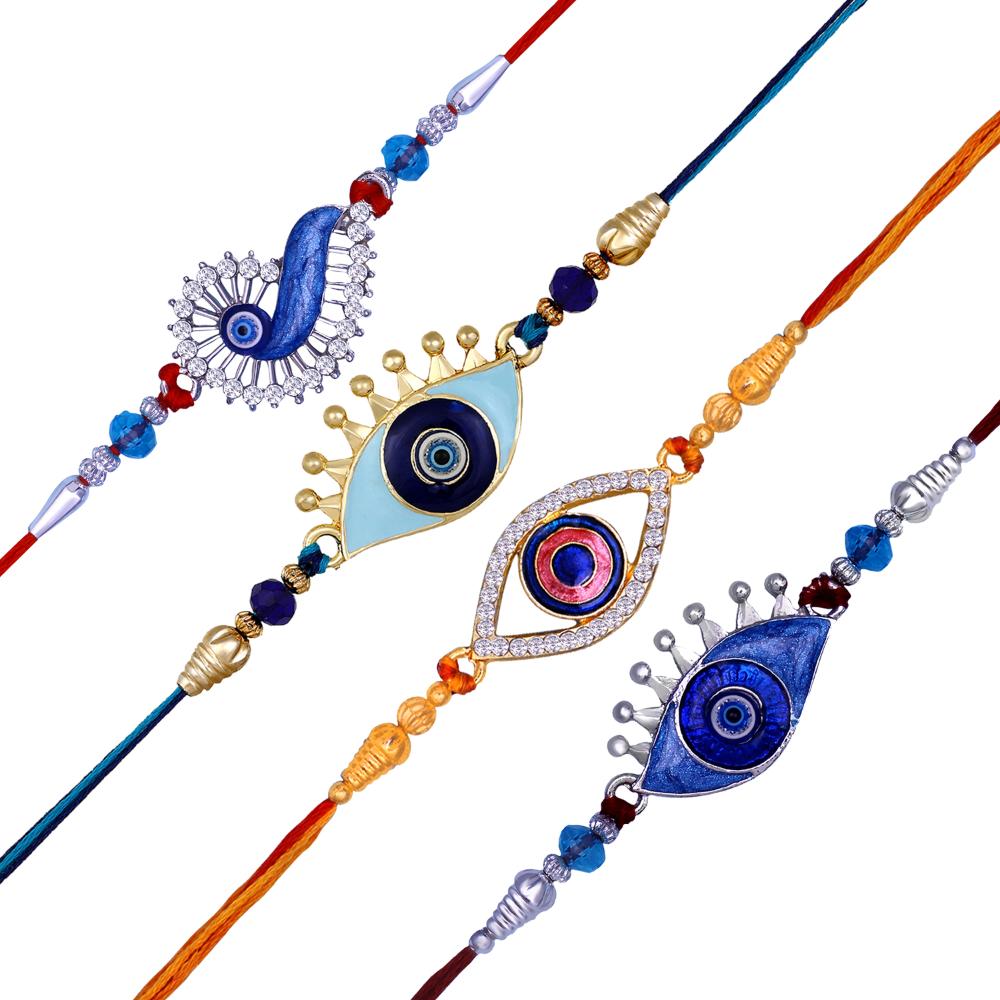Mahi Combo of 4 Evil Eye Rakhi's with Meenakari Work and Shiny Crystals for Bhaiya, Brother, Bhai, Bro (RCO1105687M)