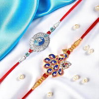Mahi Peacock-Shaped Rakhi Combo for Brother | Set of 2 Rakhis with Meenakari Work, Crystals & Red Thread (RCO1105814M)