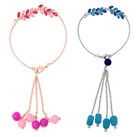 Mahi Modern Lumba Rakhi Combo Set of 2 for Bhabhi | Leaf Motif Bracelet Rakhi with Pink and Blue Tassel Beads (RCO1105817M)