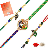 Mahi Peacock-Feather-Theme Rakhi Combo Set of 3 for Brother | Multicolor Traditional Rakhis with Enamel Work (RCO1105819G)