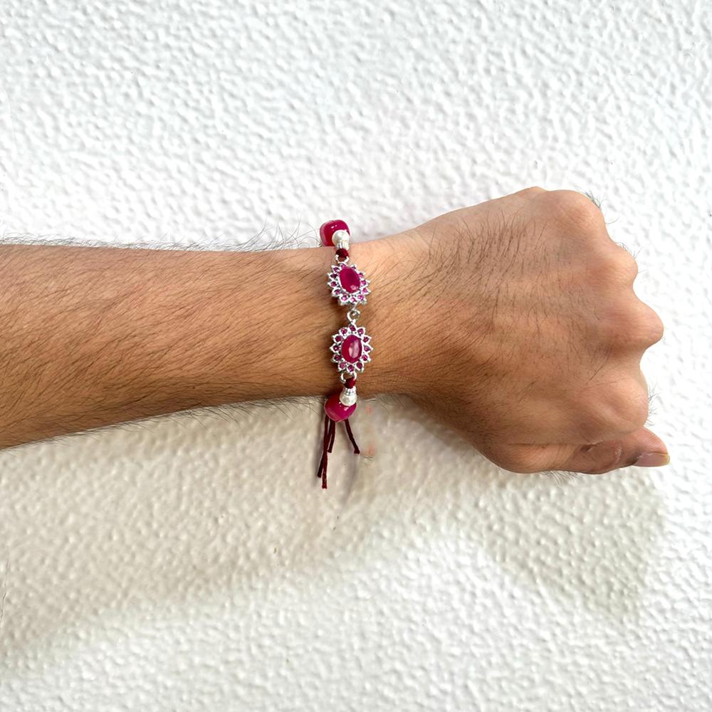 Mahi Magenta Stone Rakhi Combo Set of 2 for Brother | Elegant Purple Beaded & Crystal Leaf Rakhis in Silver Finish (RCO1105840R)