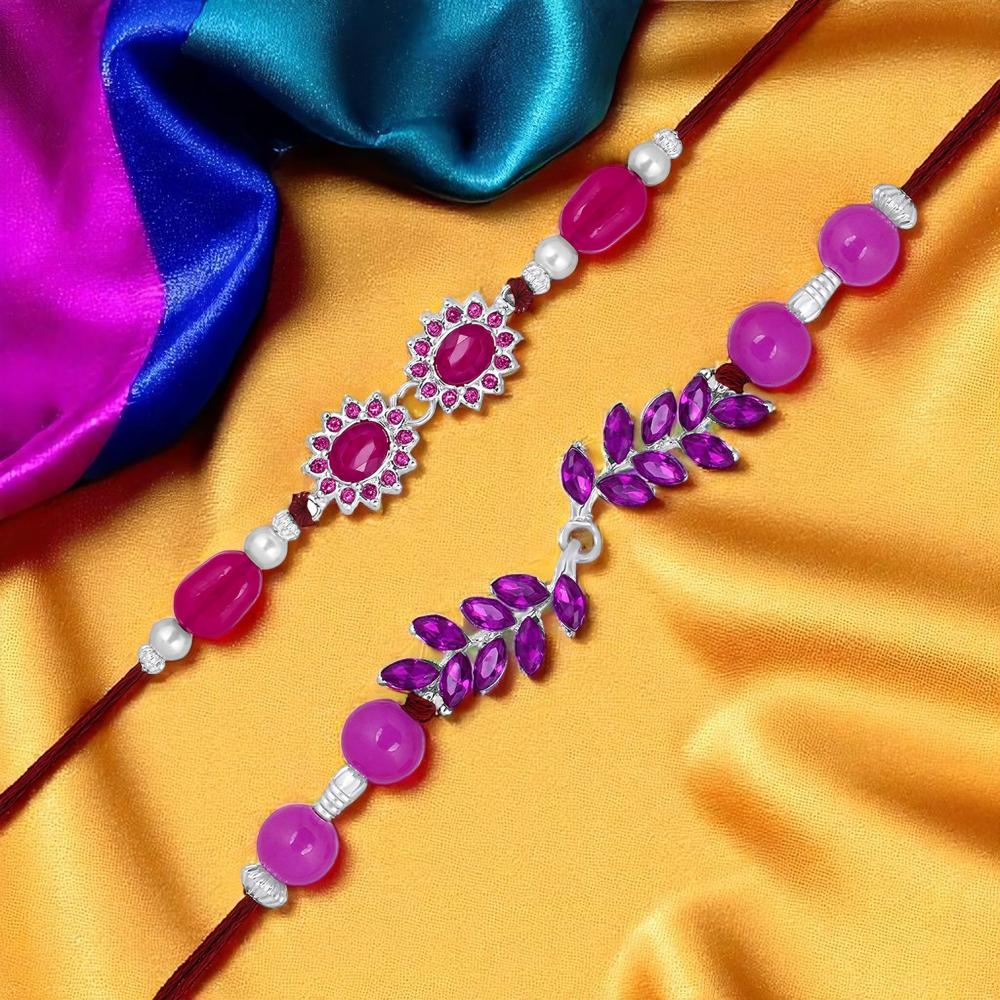 Mahi Magenta Stone Rakhi Combo Set of 2 for Brother | Elegant Purple Beaded & Crystal Leaf Rakhis in Silver Finish (RCO1105840R)