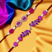 Mahi Magenta Stone Rakhi Combo Set of 2 for Brother | Elegant Purple Beaded & Crystal Leaf Rakhis in Silver Finish (RCO1105840R)