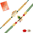 Mahi Spiritual Rakhi Combo Set of 2 for Brother | Golden Krishna and Om Rakhis with Sacred Green Threads & Studded Crystals (RCO1105843G)