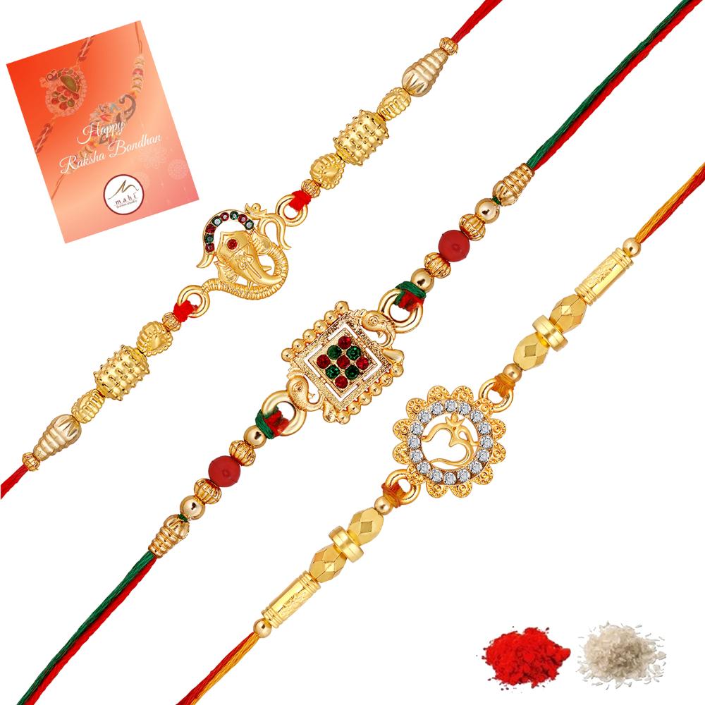 Mahi Divine Rakhi Combo Set of 3 Ganesha, Om, and Traditional Rakhis for Brother (RCO1105847G)