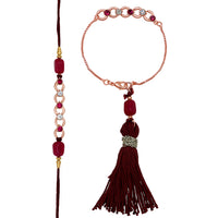 Mahi Rose Gold Plated Pink and White Crystals Lumba and Brother Rakhi Pair for Bhaiya and Bhabhi (RCOL1105522ZPin)