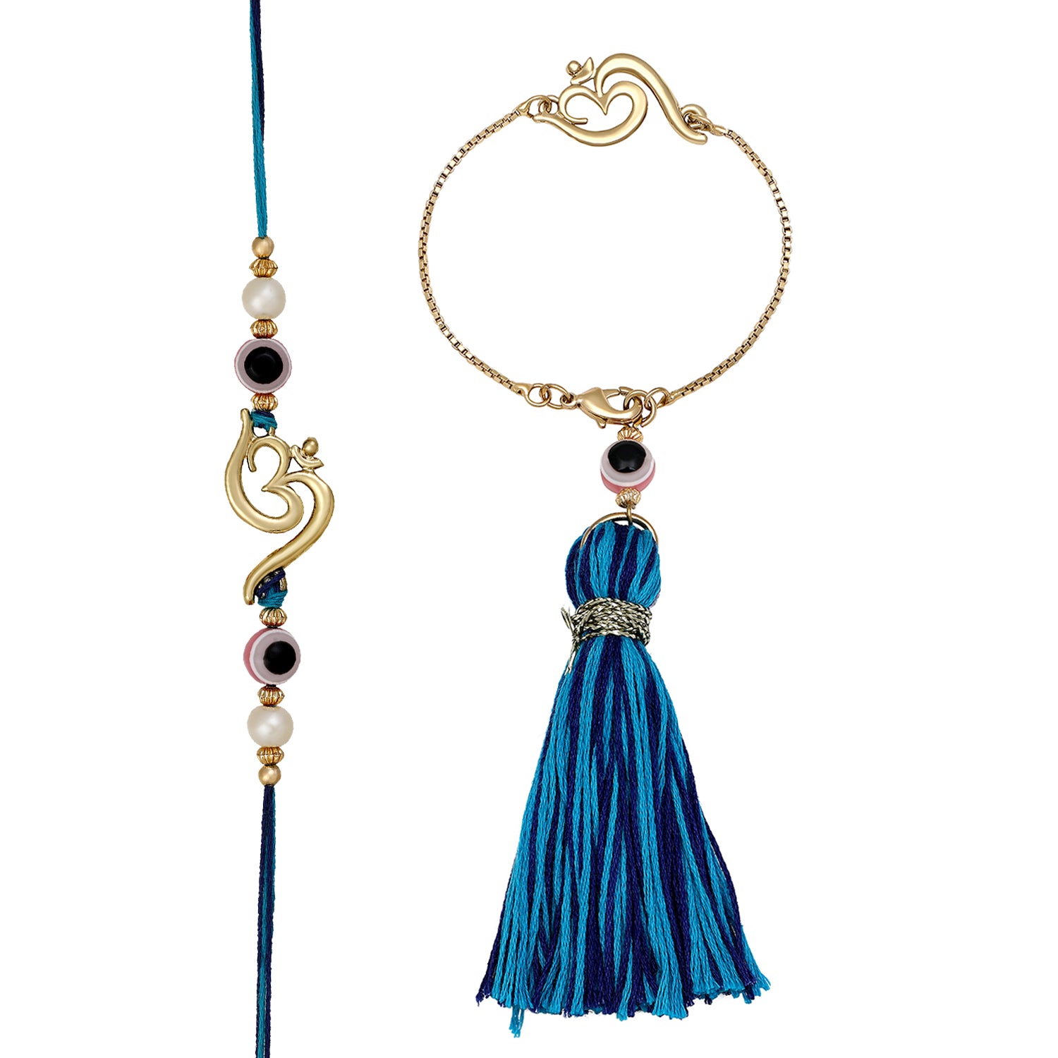 Mahi Gold Plated Om and Evil Eye Lumba and Brother Rakhi Pair for Bhaiya and Bhabhi (RCOL1105543G)