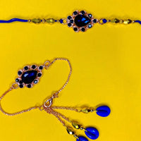 Mahi Blue Crystals Studded Simple and Classic Lumba and Brother Rakhi Set for Bhaiya and Bhabhi (RCOL1105674GBlu)