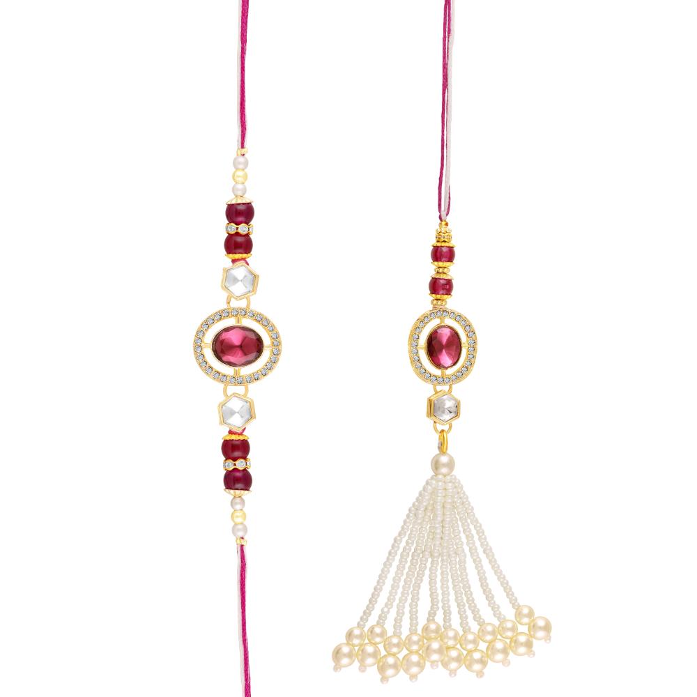 Mahi Elegant Kundan Couple Rakhi Set with Pearl Tassels for Bhaiya and Bhabhi (RCOL1105848G)