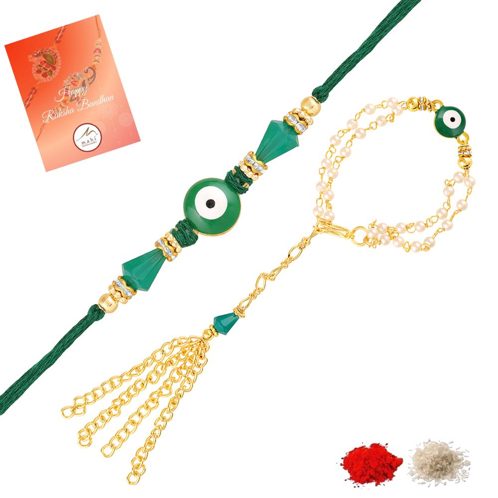 Mahi Evil Eye Bhaiya Bhabhi Rakhi with Artificial Pearl Chain Lumba & Green Thread (RCOL1105849G)