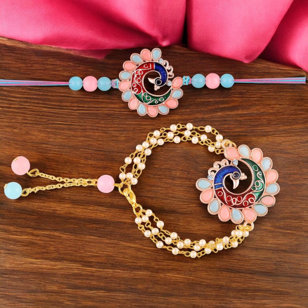 Mahi Colorful Peacock-Themed Couple Rakhi Set | Bhaiya Bhabhi Rakhi with Enamel Work & Artificial Pearl Chain Bracelet (RCOL1105854G)