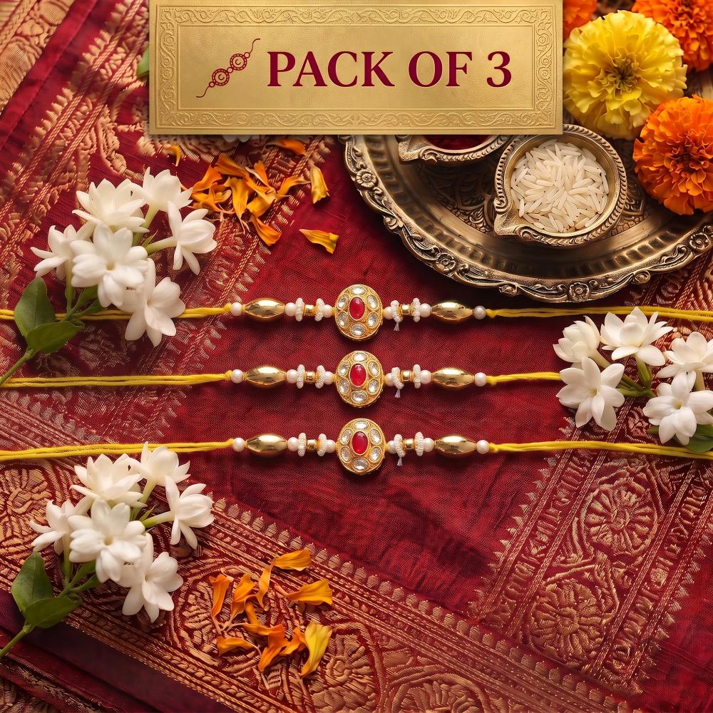 Js Fashion Pack of 3 Antique Designer Stone Rakhi High Gold