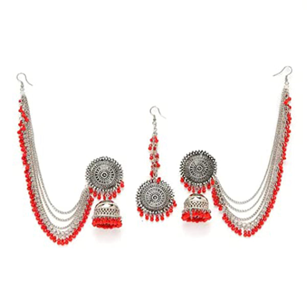 Subhag Alankar Red Beautiful Kashmiri Tribe Style Jhumka Earrings With Maangtikka Bahubali Alloy Jhumki Earring, Earring Set