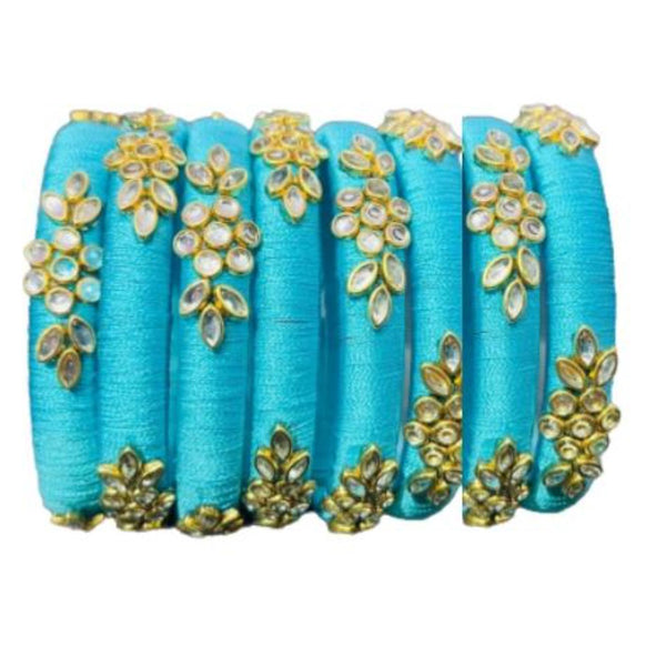 Sihan Creation Kundan Work Silk Thread Bangle Kada For Women Girls 8 PC Set Wedding & Festive Occasion Handmade (Sky Blue)