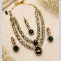 Lalso Double Layer Kundan Bridal Necklace earring maangtikka Jewellery Set with  Green Stones for wedding festival - SM-NK501-GR
