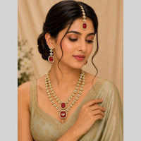 Lalso Double Layer Kundan Bridal Necklace earring maangtikka Jewellery Set with  Maroon Stones for wedding festival - SM-NK502-MR