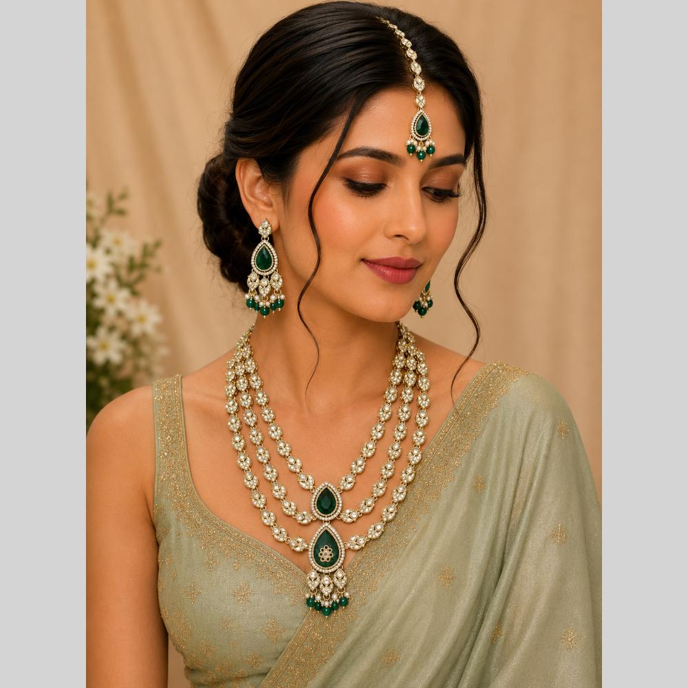 Lalso Tripple Layer Kundan Bridal Necklace earring maangtikka Jewellery Set with  Green Stones for wedding festival - SM-NK503-GR