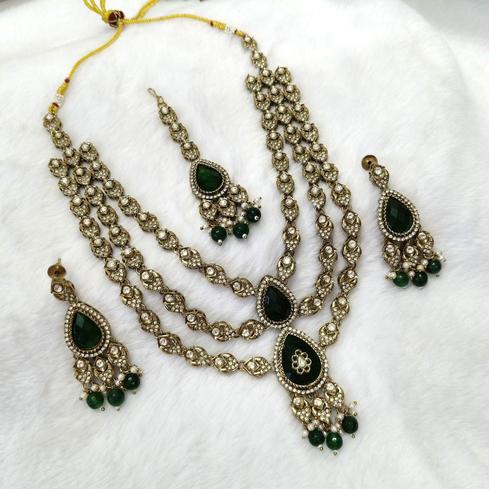 Lalso Tripple Layer Kundan Bridal Necklace earring maangtikka Jewellery Set with  Green Stones for wedding festival - SM-NK503-GR