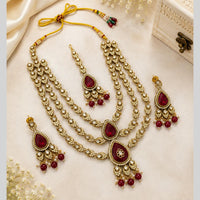 Lalso Tripple Layer Kundan Bridal Necklace earring maangtikka Jewellery Set with  Maroon Stones for wedding festival - SM-NK503-MR