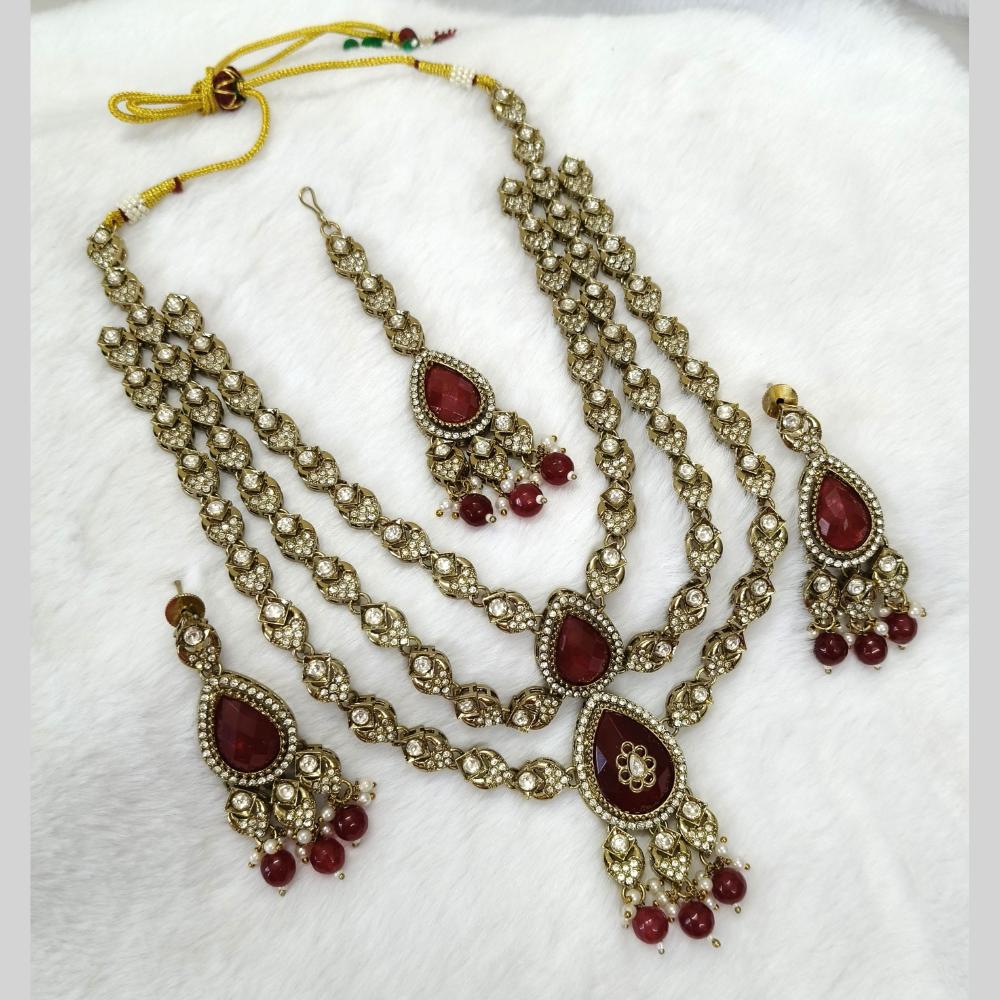 Lalso Tripple Layer Kundan Bridal Necklace earring maangtikka Jewellery Set with  Maroon Stones for wedding festival - SM-NK503-MR