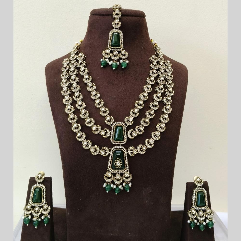 Lalso Tripple Layer Kundan Bridal Necklace earring maangtikka Jewellery Set with  Green Stones for wedding festival - SM-NK504-GR