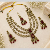 Lalso Tripple Layer Kundan Bridal Necklace earring maangtikka Jewellery Set with  Maroon Stones for wedding festival - SM-NK504-MR