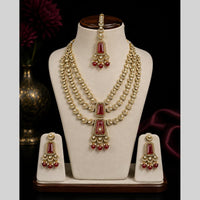 Lalso Tripple Layer Kundan Bridal Necklace earring maangtikka Jewellery Set with  Maroon Stones for wedding festival - SM-NK504-MR