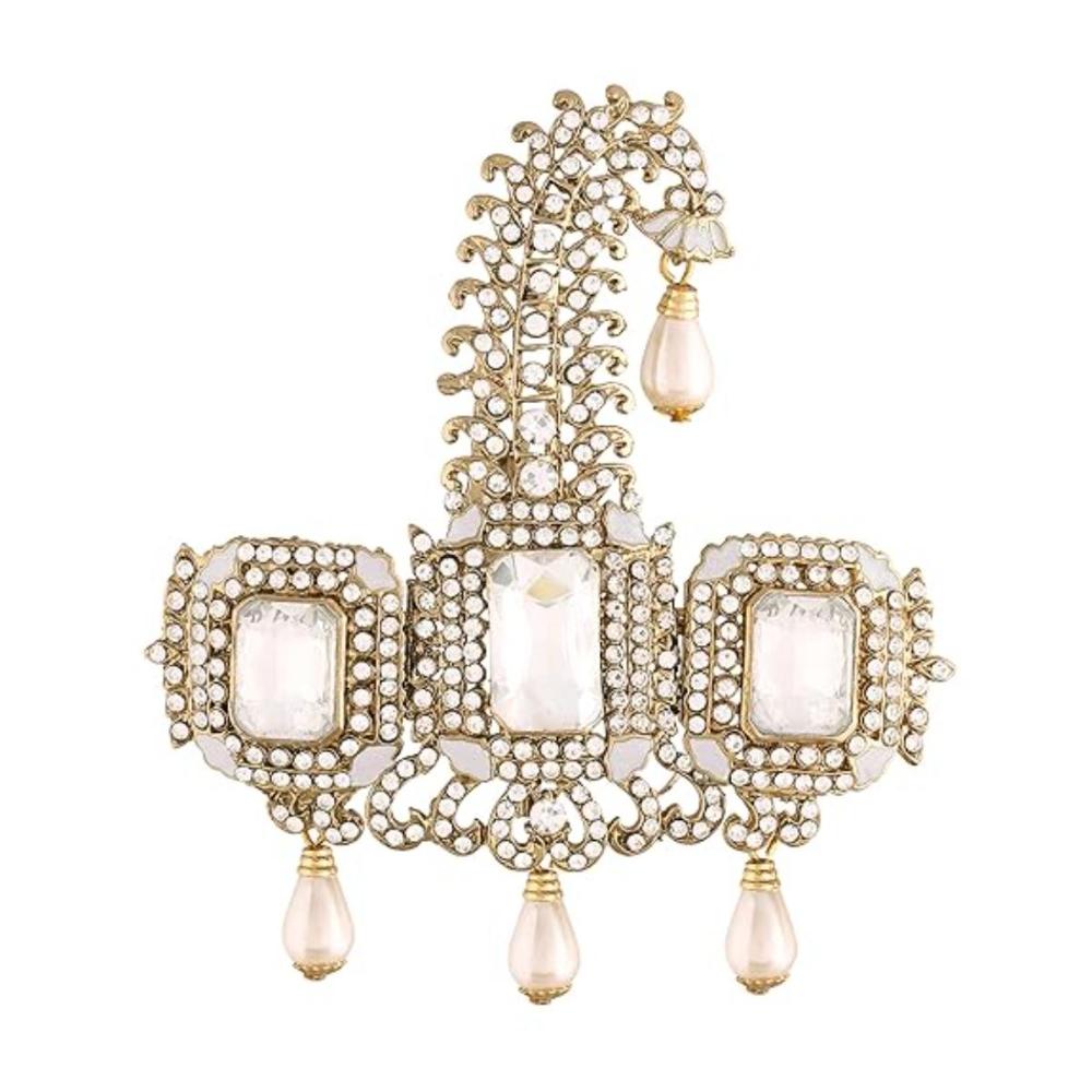 Etnico Gold Plated Stone Pearl Drop Safa Kalangi Brooch for Groom/Men/Dulha Pagadi (SM56W)