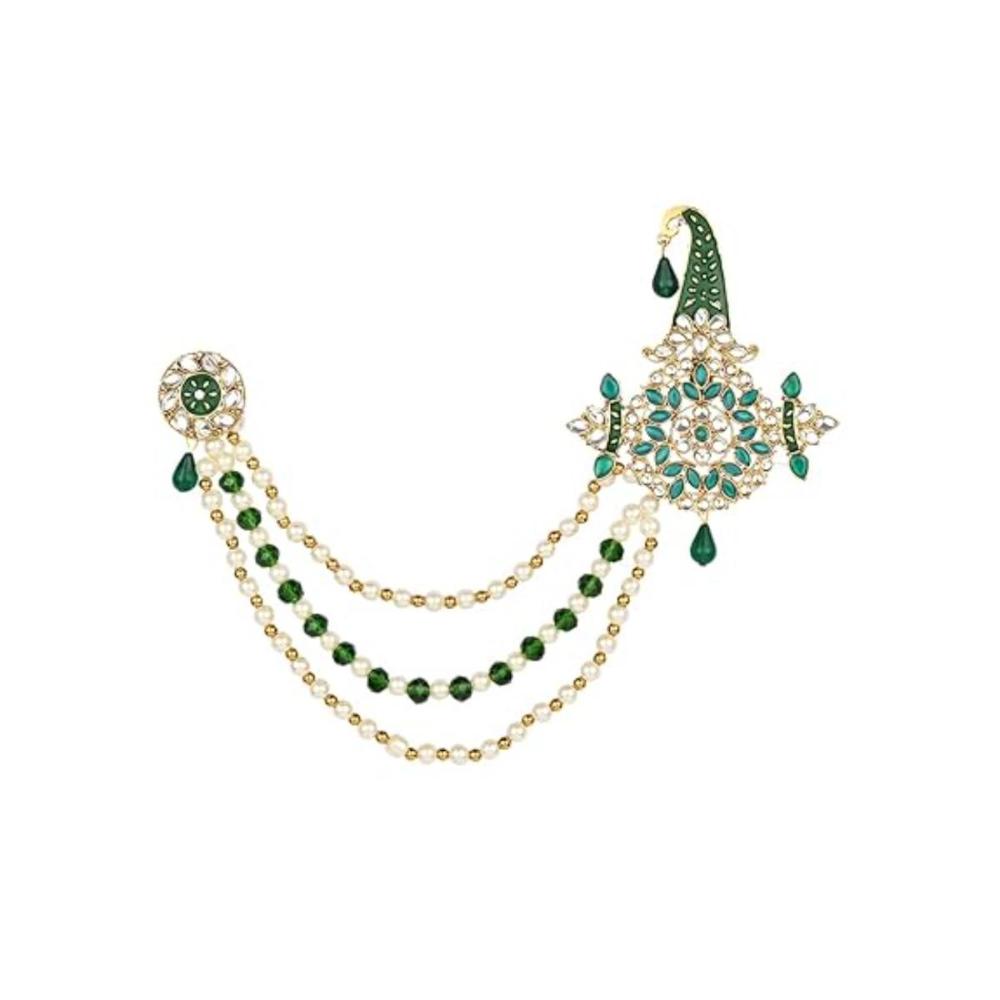 Etnico Gold Plated Stone Pearl Drop Safa Kalangi Brooch for Groom/Men/Dulha Pagadi (SM61G)
