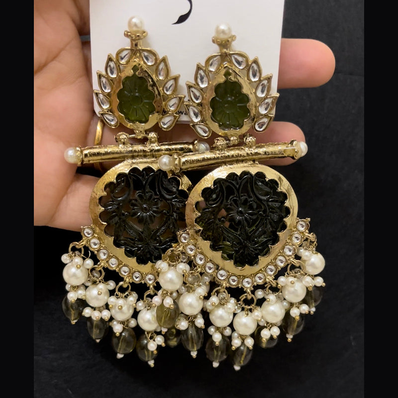ShringarStreet Mehndi Polish Kundan Pearl And Beads Dangler Earrings