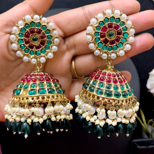 ShringarStreet Mehndi Polish Pearl And Beads Jhumki Earrings