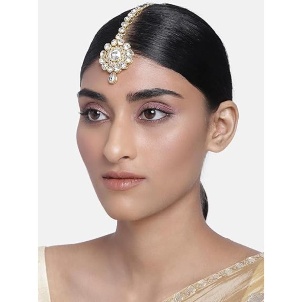 Etnico Gold Plated White Stone Maang Tikka for Women (T006W)