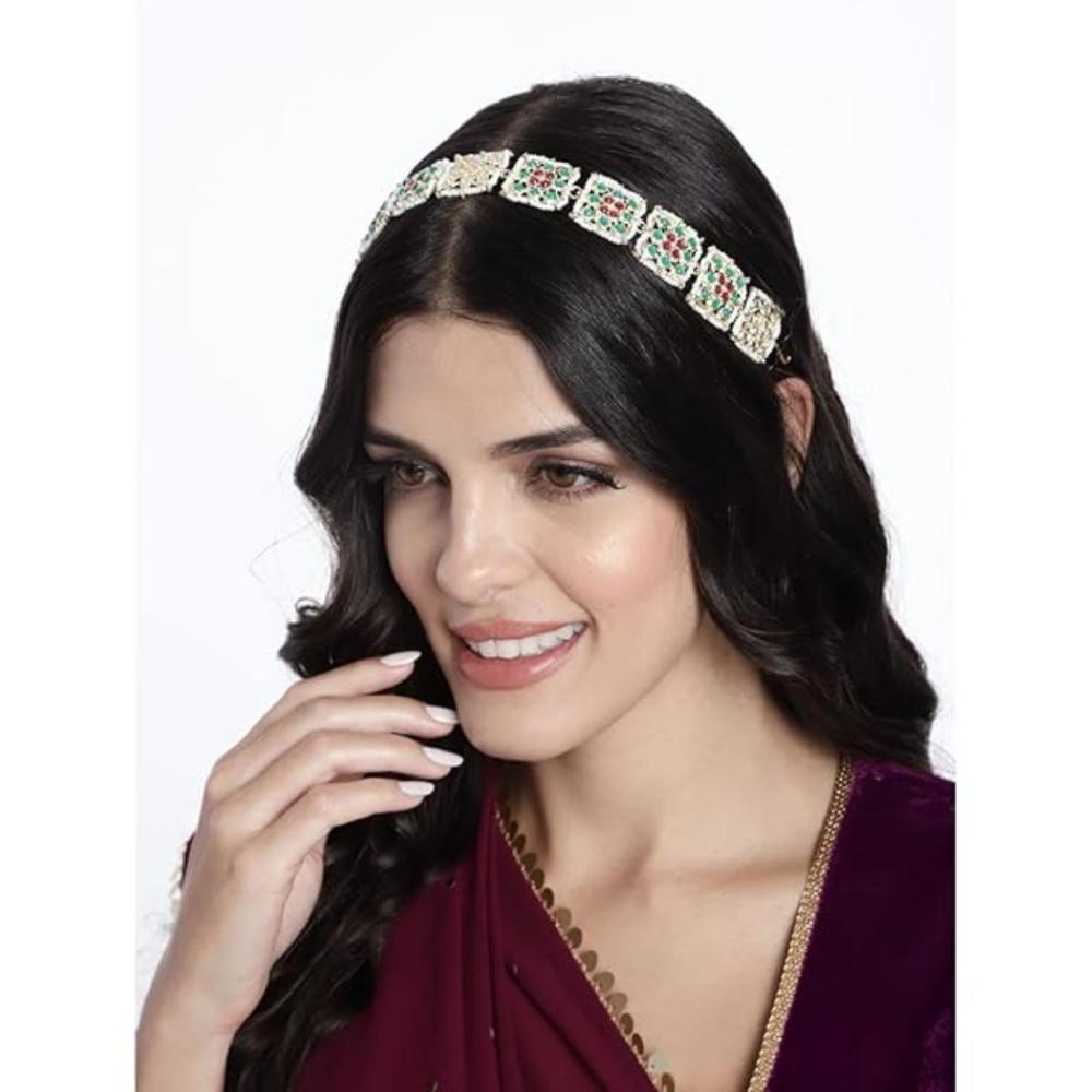 Etnico Gold Plated Kundan & Pearl Sheeshphool/SheeshPatti for Women (T2067QG)