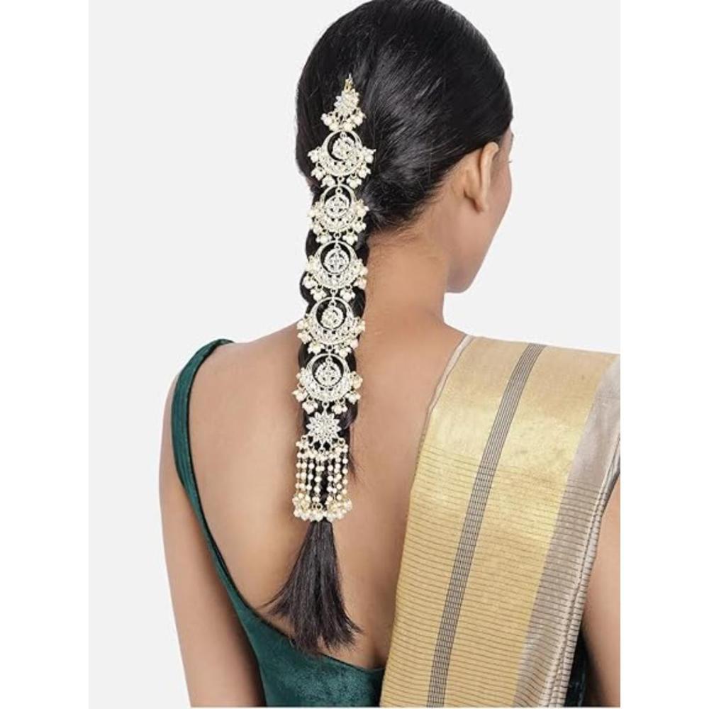Etnico Gold Plated Kundan and Pearl Paranda/Hair Braid Pin Choti For Bridal (T2092W)