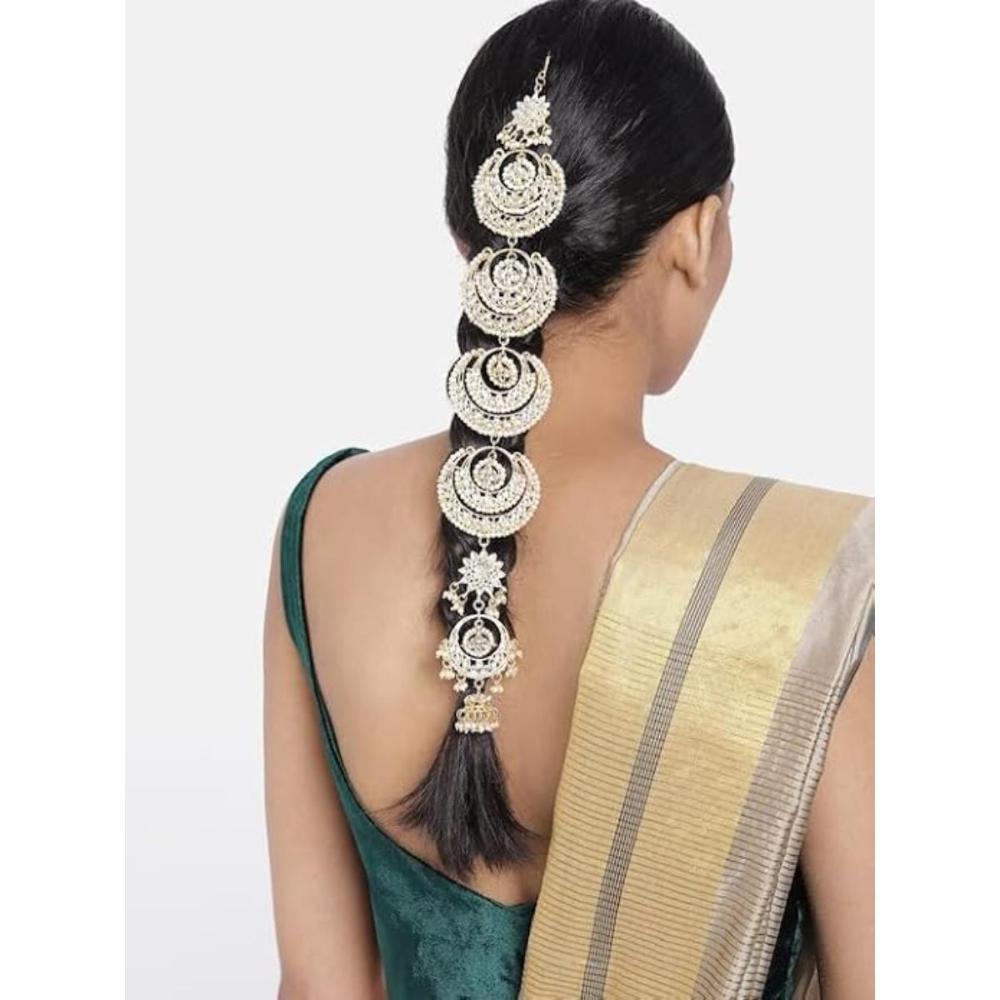 Etnico Gold Plated Kundan and Pearl Paranda/Hair Braid Pin Choti For Bridal (T2093W)