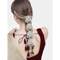 Etnico Gold Plated White Kundan and Pearl Paranda/Hair Braid Pin Choti For Bridal (T2096W)