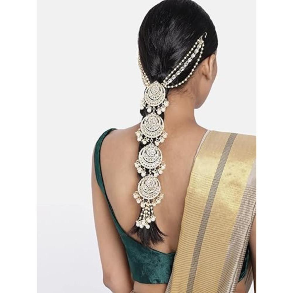 Etnico Gold Plated White Kundan and Pearl Paranda/Hair Braid Pin Choti For Bridal (T2096W)