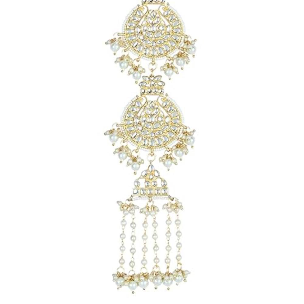 Etnico Gold Plated White Kundan and Pearl Paranda/Hair Braid Pin Choti For Bridal (T2097W)