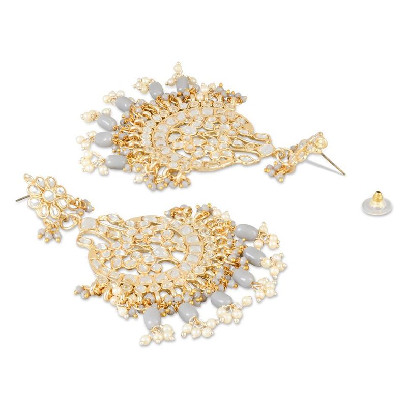 Etnico Gold Plated Traditional Big Kundan & Pearl Chandbali Earrings with Maang Tikka Set for Women/Girls (TE3013Gr)
