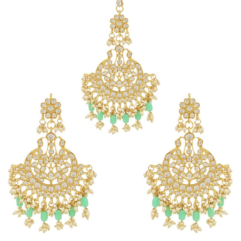 Etnico Gold Plated Traditional Big Kundan & Pearl Chandbali Earrings with Maang Tikka Set for Women/Girls (TE3013Min)