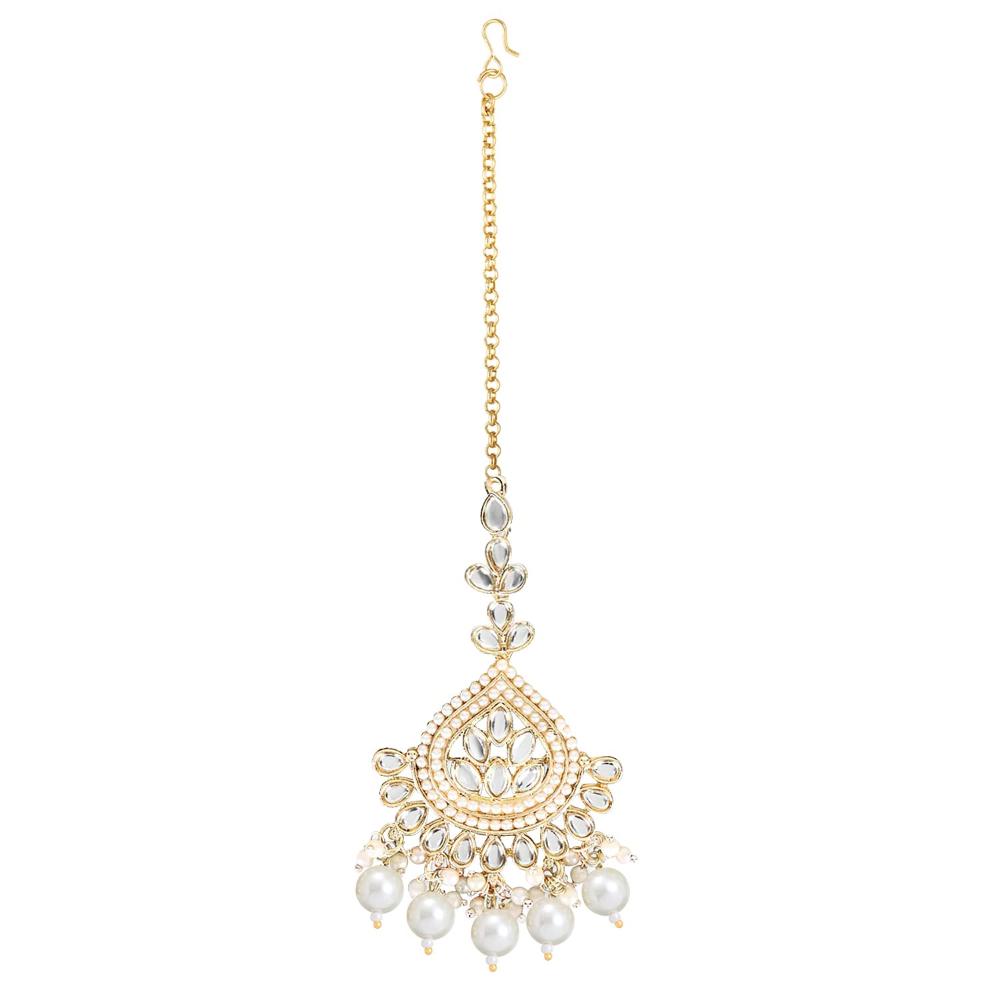 Etnico Gold Plated Traditional Kundan & Pearl Chandbali Earrings With Maang Tikka Set For Women/Girls (TE3015W)