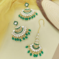 Etnico Gold Plated Traditional Kundan & Pearl Chandbali Earrings with Maang Tikka Set for Women/Girls (TE3024G)